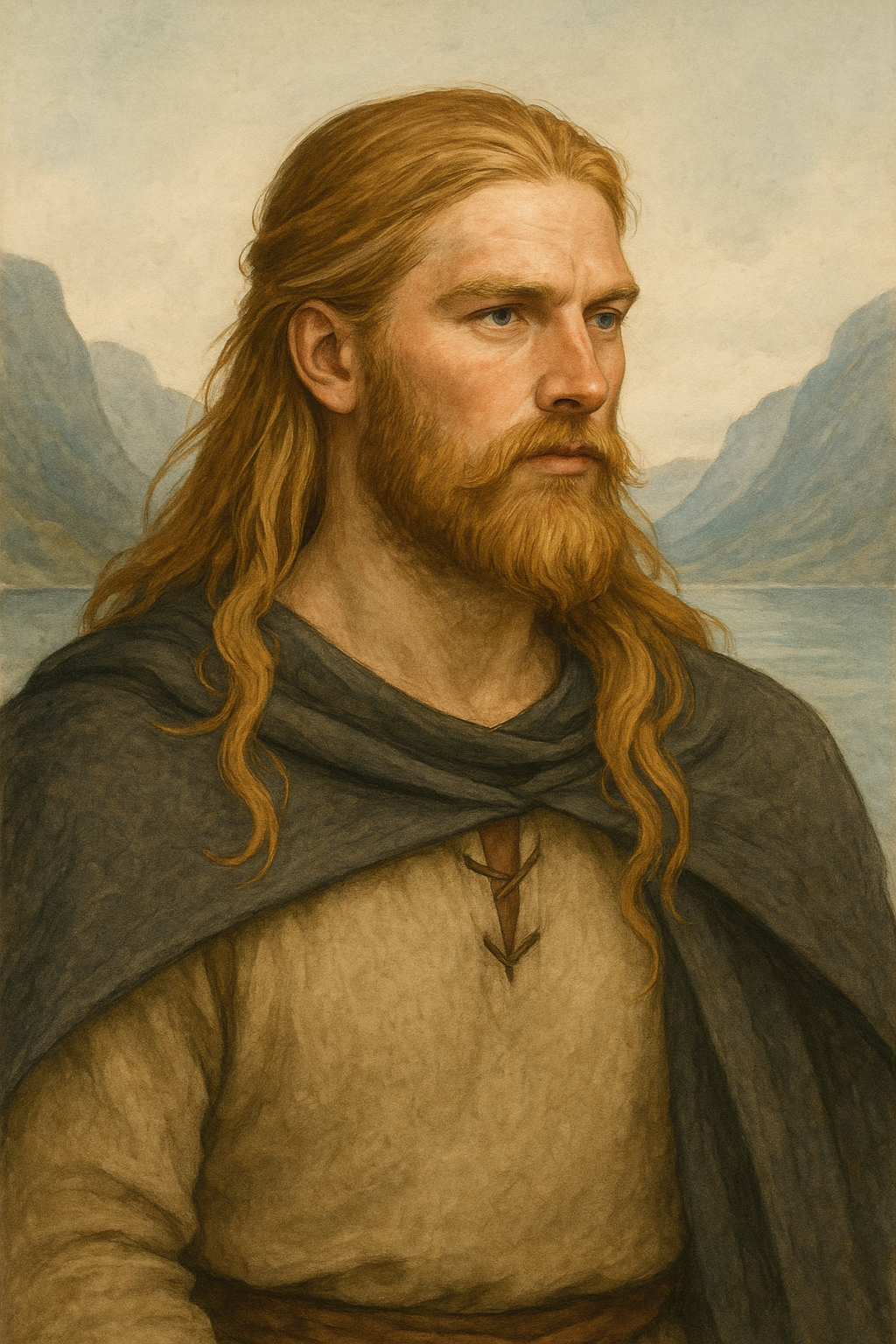 Kunstnerisk portrett av Harald Hårfagre i vikinginspirert stil foran norske fjorder