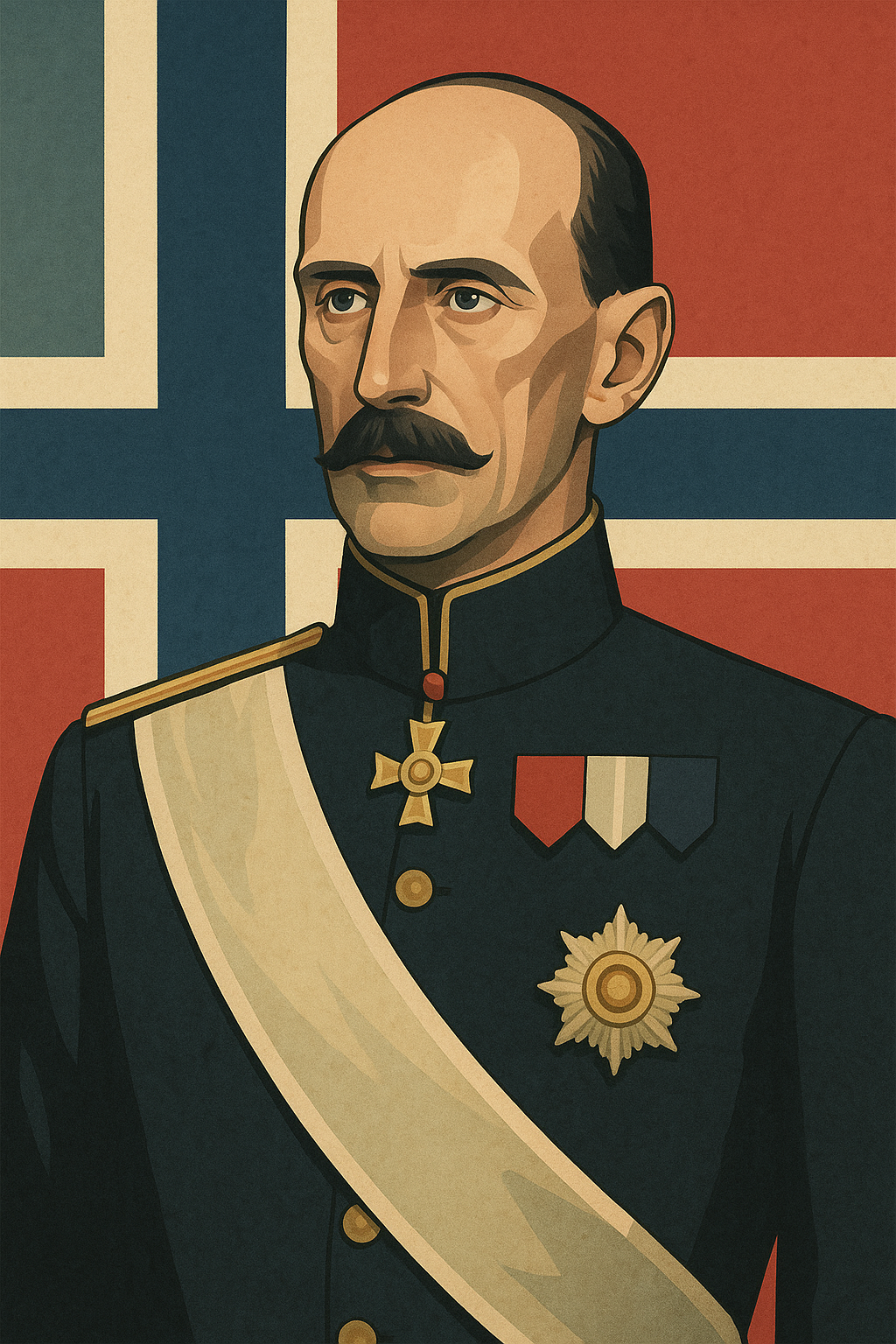 Kunstnerisk portrett av Kong Haakon VII foran det norske flagget